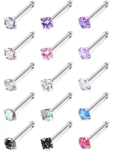 Hypoallergenic Nose Rings Set, 15 Pcs 18g & 20g Stainless Steel, L-Shaped Screw Studs with Cz Stones, Unisex Body Jewelry