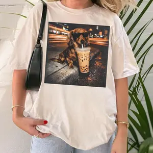 Dachshund Drinking Iced Coffee Shirt, Funny Dog Meme Tee, Animal Tee, Coffee Lover Dachshund Meme TShirt
