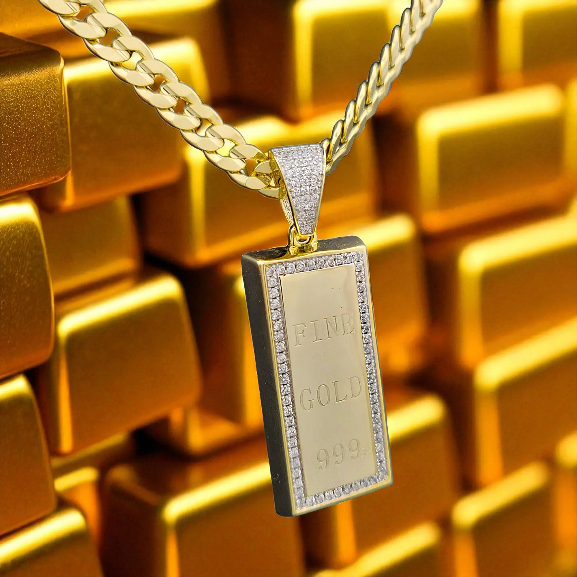MaxBling81 AAA+ CZ High-End Brass Gold-Style Bar Pendant with 14K Stamped 6mm 20"/24" Cuban Chain Necklace, Hip Hop Celeb Style Costume Jewelry for Daily Wear