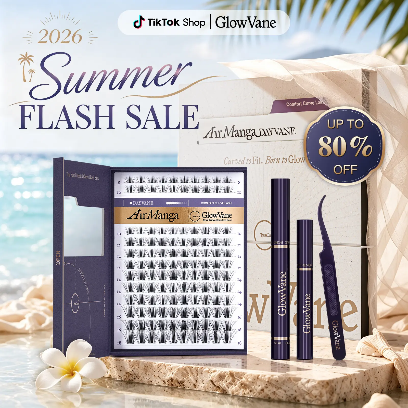 AirManga | GlowVane TrueCurve Lash Clusters Kit Fairy Spikey 0.03mm Curved Band Soft Lightweight 8-18mm DD Curl DIY Lash Extensions for Beginners,sunscreen