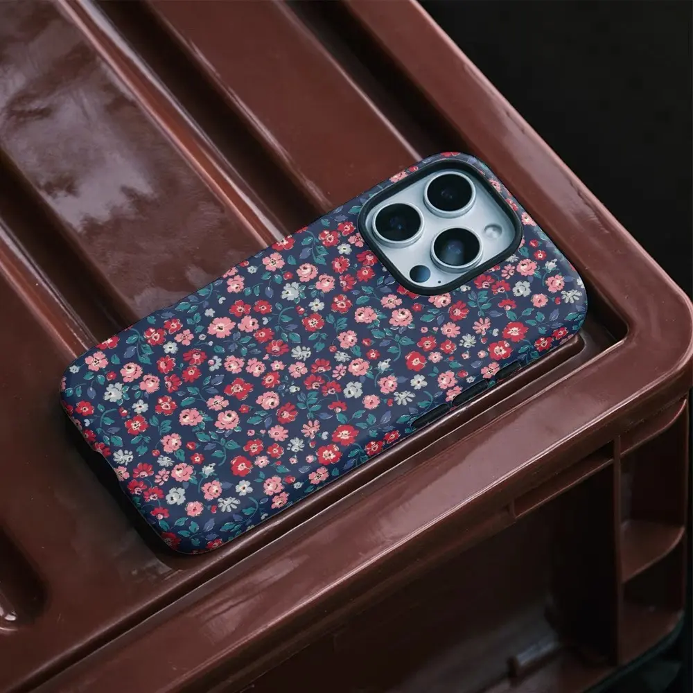 This 2-in-1 phone case features a deep blue floral pattern and is sturdy and durable. Its dual-layer design provides both durability and drop protection. It is compatible with iPhone 17/16/15/14/13/12/11 Pro Max/Plus/Pro and Samsung Galaxy S25/S24/S23