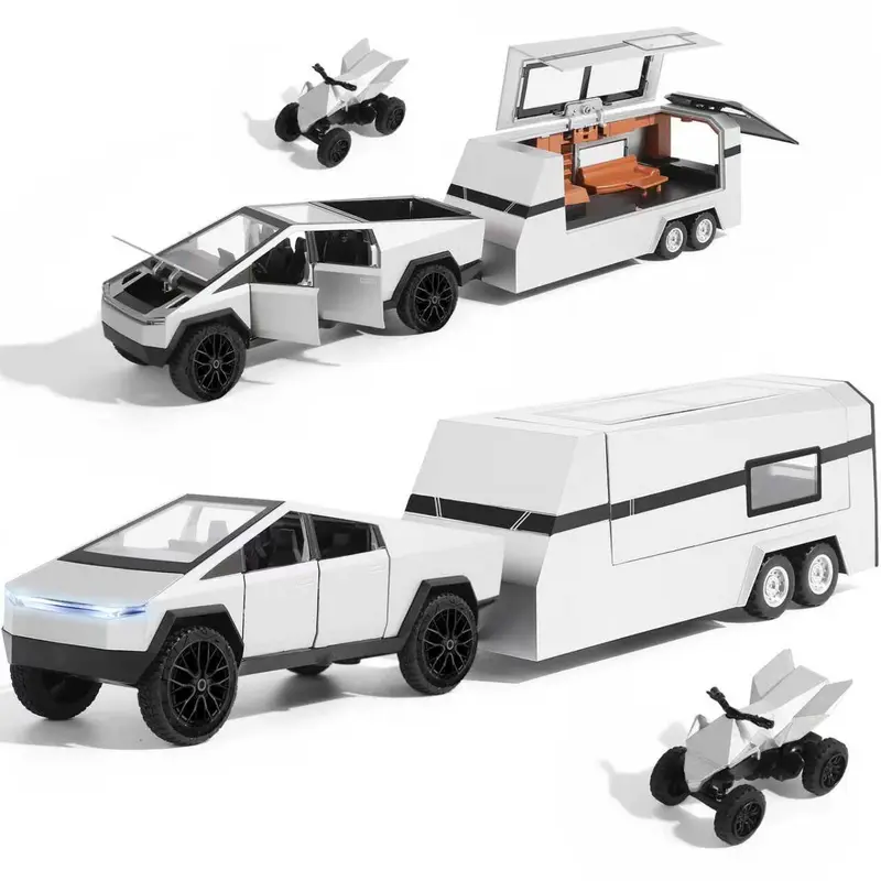 Alloy Diecast RV Trailer Toy Set with Mars Pickup Trailer, Beach Motorcycle - Kid Stuff for Boys, Little Boy Gifts with Press-Activated Headlights, Sound, Pullback Tow Fun, Tow RV & Bike, Christmas Gifts (Black Silver)