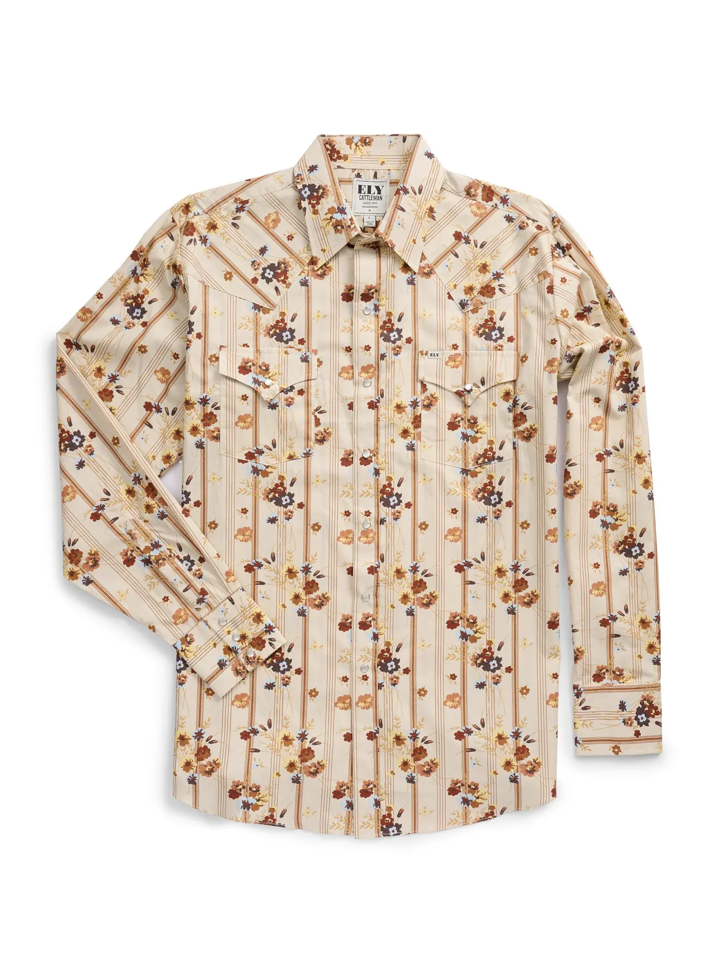 Men's Ely Cattleman Long Sleeve Wallpaper Floral Print Western Snap Shirt- Ecru, 100% cotton, Flap Pockets, Western Yokes Casual Classic