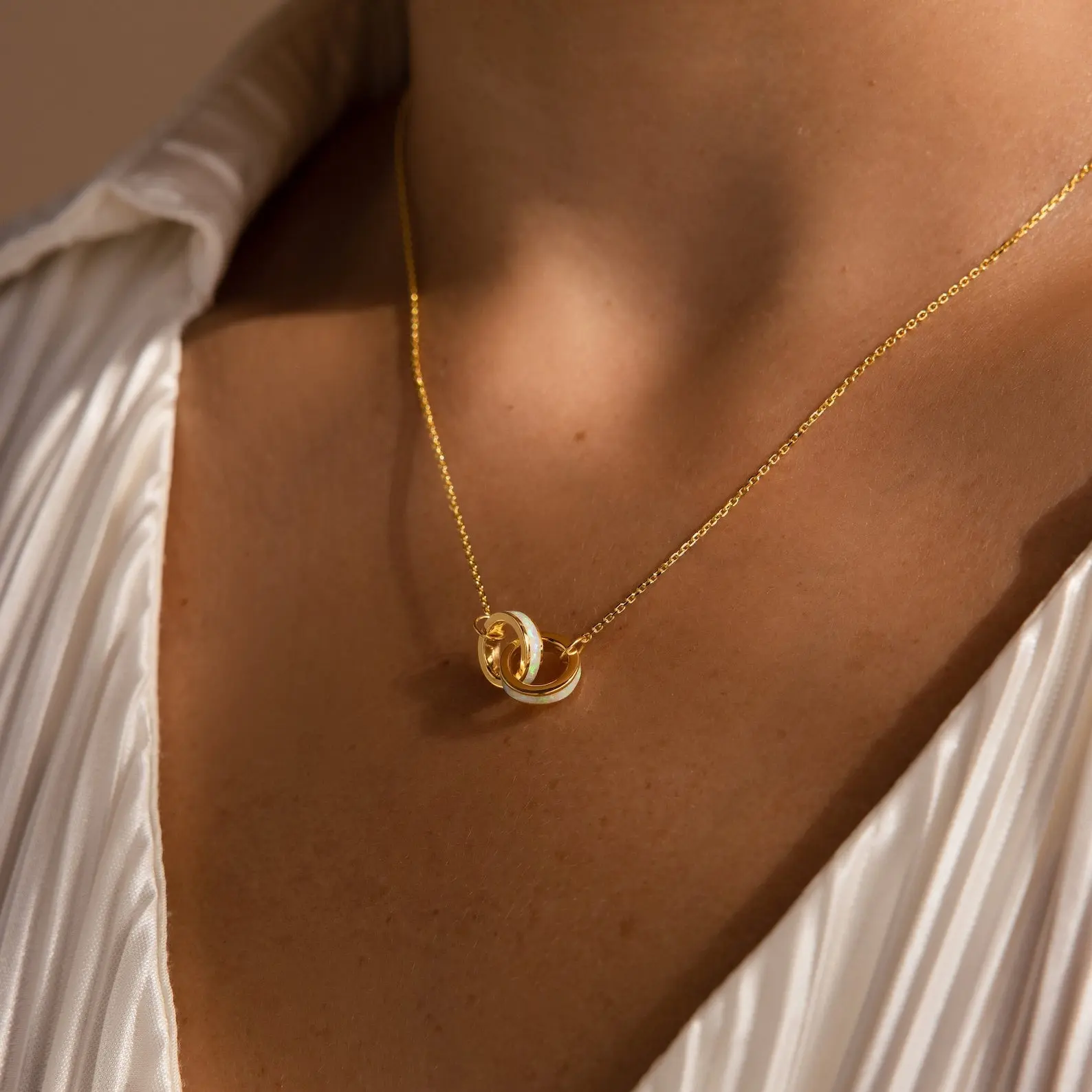 Interlocking Opal Inlay Necklace by Caitlyn Minimalist - Dainty Infinity Circle Charm Necklace in Gold & Silver - Opal Gemstone Jewelry - Anniversary Gift