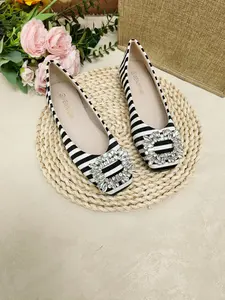 French Striped Rhinestone Square Buckle Single Shoe, Round Toe Soft Sole Low Top Flat Shoes, Casual Office Wear Comfortable Heels, Casual Flats