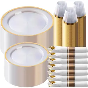 Goodluck 350 Piece Gold Plastic Dinnerware Set for Party, Clear Disposable Plates for 50 Guests, Include: 50 Dinner Plastic Plates, 50 Dessert Plates, 50 Pre Rolled Napkins with Cutlery Set, 50 Cups