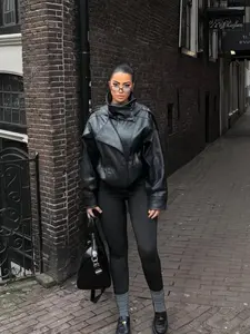 New lychee pattern temperament women's clothing wholesale fashion leather jacket Coats cross-border European and American style autumn and winter Womenswear Outerwear