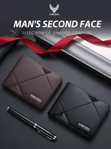 VINCESS Men's RFID Blocking Leather Wallet, Genuine Leather Wallet, Leather Cowhide Wallet, Multi-Card Slots Business Card Holder, Short Cash Organizer Handbag, Christmas Gift for Him, RFID Bifold
