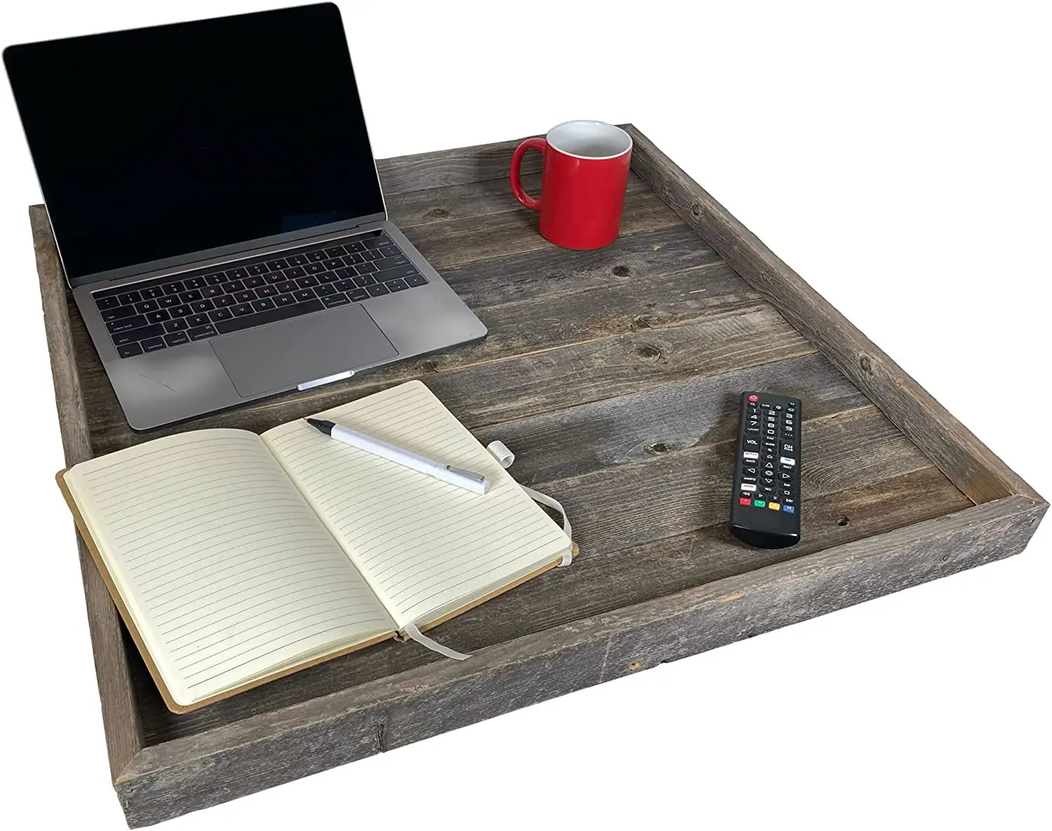 BarnwoodUSA 24" x 24" Extra Large Square Wooden Ottoman Tray - Farmhouse Decor, Rustic Reclaimed Wood, Eco-Friendly, Anti-Scratch Felt Pads, Non-Slip, White Wash Gray, Made in USA - Organize Ottomans, Coffee Tables, Farmhouse Style Decor