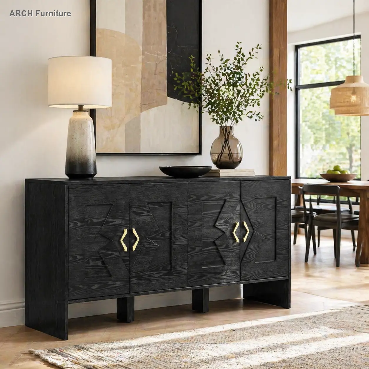 60-In Mid-Century Modern 1960s Classic Vintage Sideboard Buffet Cabinet - Modern Storage Cabinet, MDF Wood, Easy Setup, Living Room TV Media Console with Geometric Pattern, Adjustable Shelves, Built-In Outlets, Black, for Kitchen/Dining Room