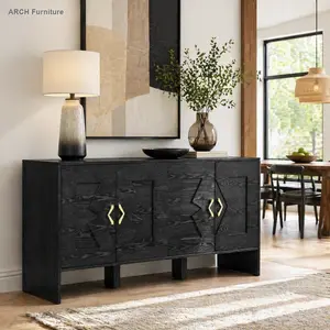 60 In Mid-Century Modern Sideboard Buffet Cabinet - MDF Wood, Boujee Home Accessories, Easy Setup, Living Room TV Media Console with Geometric Pattern & Adjustable Shelves for Kitchen, Dining Room, Black