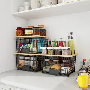1 Stackable Wire Basket with Bamboo Top, Kitchen Counter, Pantry Organizer and Storage - Produce Onion Potato Fruits Vegs Bread Food Snack Spice Organizing Bin for Cabinet Shelf Countertop Floor, Vegetable Basket