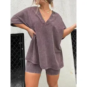 Women Washed 2 Piece SetLounge Set Oversized TopsBiker Shorts V Neck Drop Womenswear Grey