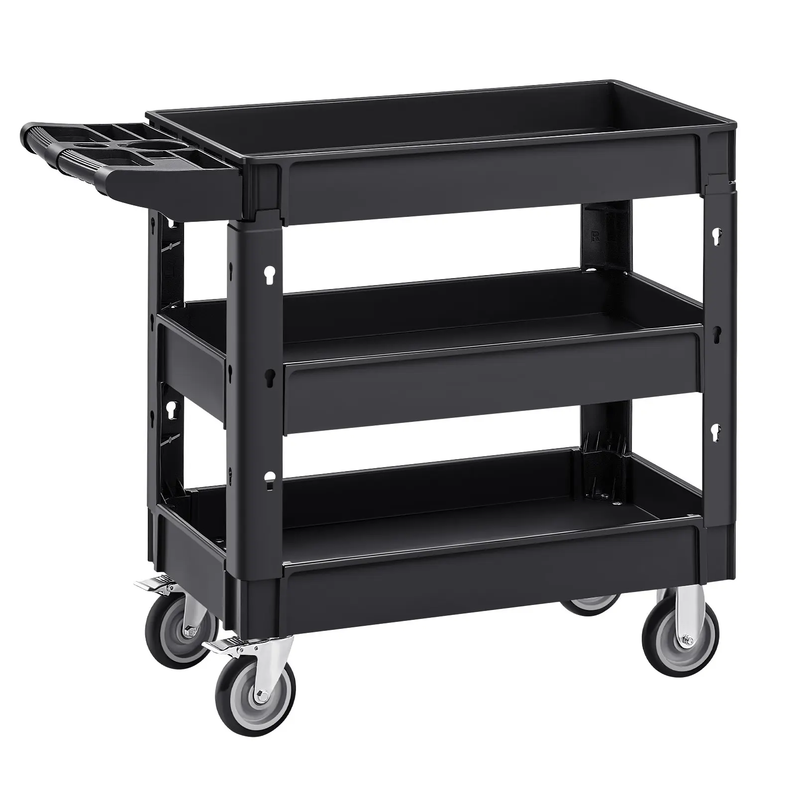 【Summerfinds】VEVOR Heavy-Duty Synthetic Rectangle Polypropylene Plastic Utility Cart, 550lb Load Capacity, 3-Shelf Smooth Rotatable Rolling Cart with 360° Swivel Brake Castors (2 with Brakes), Ergonomic Handle for Warehouse, Office Heavy Loads