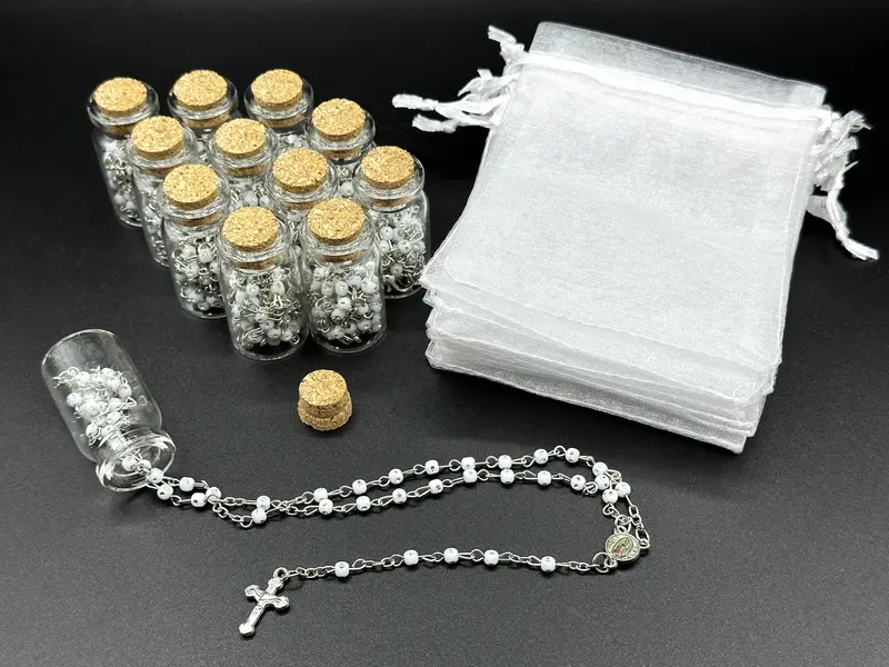 12pcs Rosary in Glass Bottle w/ Beaded Necklace & Crucifix Cross Charm Baptism/Christening Party Favor Recuerdos de Bautizo w/ Organza Bag