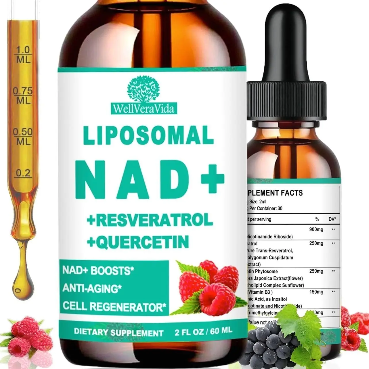 NAD Supplements for Women & Men, Liposomal NAD Nicotinamide Riboside Resveratrol 900mg, TMG, Quercetin, Vitamin B3, Organic Liquid NAD Resveratrol Supplement for Longevity, Energy, Anti-Aging, Focus