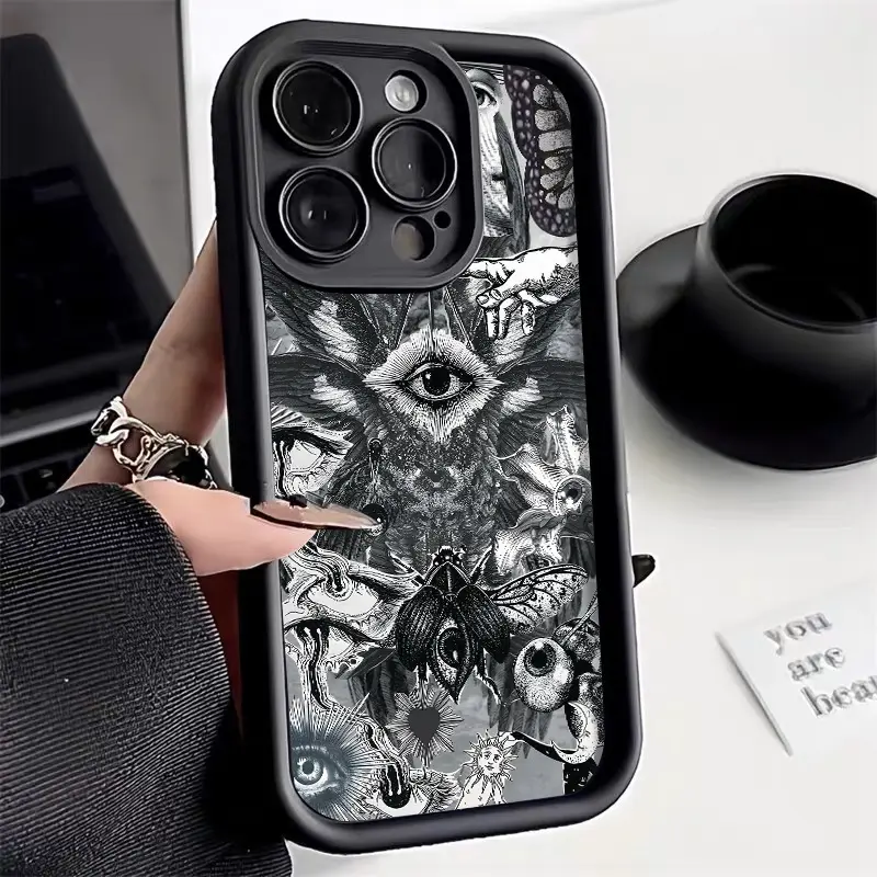 Aesthetic Vintage Evil Eye Pattern TPU Case for iPhone 17 Pro Max 16 16e 15 14 Plus 13 12 Mini 11 Air X XS Straight Edge Drop-Resistant Rugged Durable Cover Shell Valentine's Day Gift 2D printing
