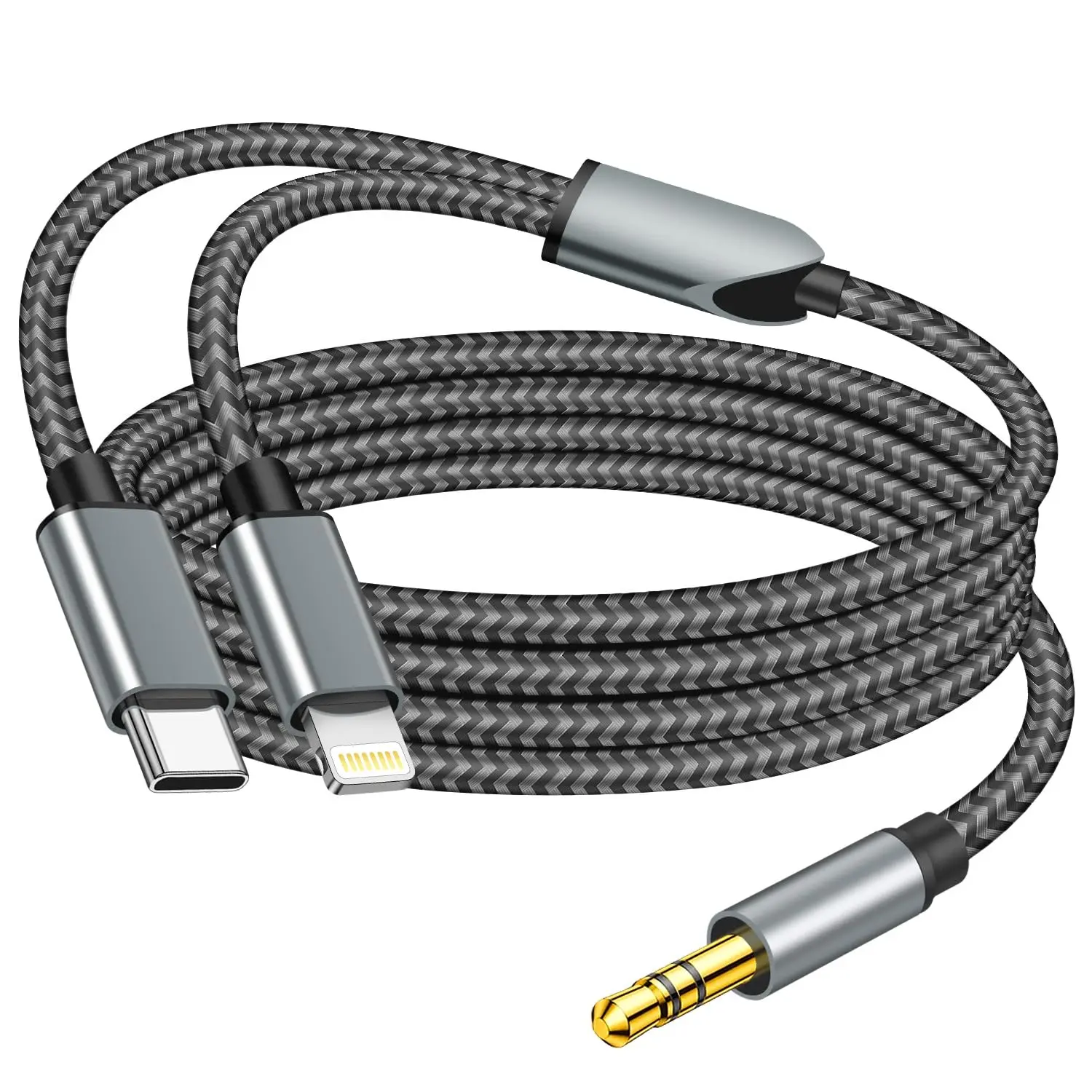 2 in 1 Aux Audio Cable, B C to 3.5mm Aux Audio Cable, Lightning to 3.5mm Audio Cable Fit with iPhone 16/15/14/13/12/11/XR, Galaxy S24/S23/S22/S21, Pixel 9/8/7/6/5, iPad to Car Stereo Speaker 4FT