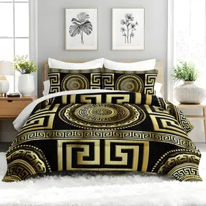 3pcs Gold Greek Comforter Set, Ancient Mediterranean Pattern Themed Duvet Set for Girls and Adults Bedroom or Guest Room Decor, Lightweight Soft All Seasons Comforter Machine Washable Microfiber Quilt with 2 Pillowcases, Gifts for the Family