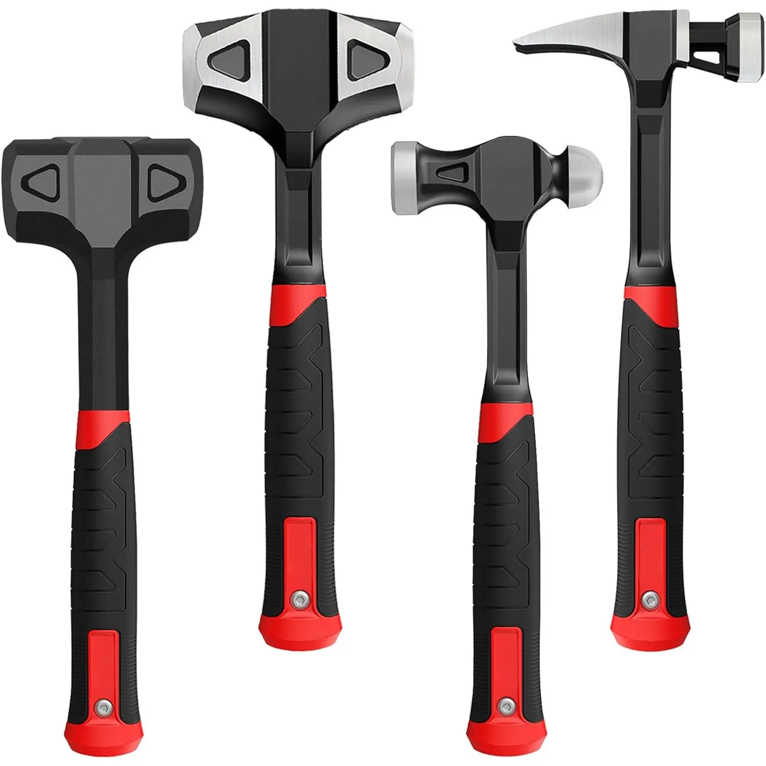 4-Piece Hammer Set - 2LB Dead Blow, 24oz Ball Peen, 20oz Claw, 3LB Sledgehammer - One-Piece Carbon Steel Forging, Ergonomic Anti-Slip Rubber Grips for Garages, Repair Shops, and DIY