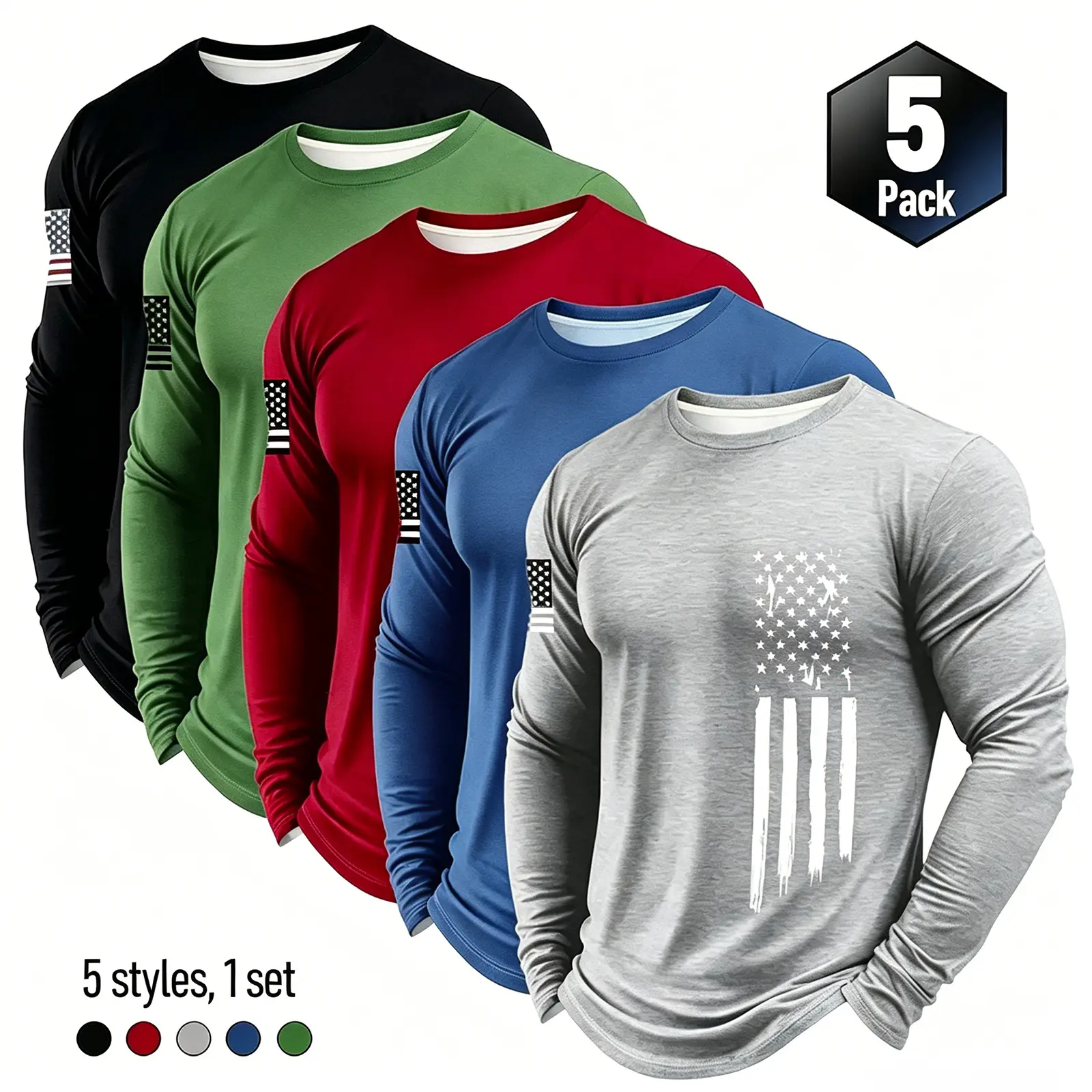 Men's 5-Pack Long Sleeve Athletic T-Shirts, Quick Dry Breathable Mesh Tops, Slim Athletic Fit, Spring Autumn Athleisure Streetwear, Patriotic Independence Day Casual Apparel Clothes Menswear Polyester Outdoor Spandex Stretch