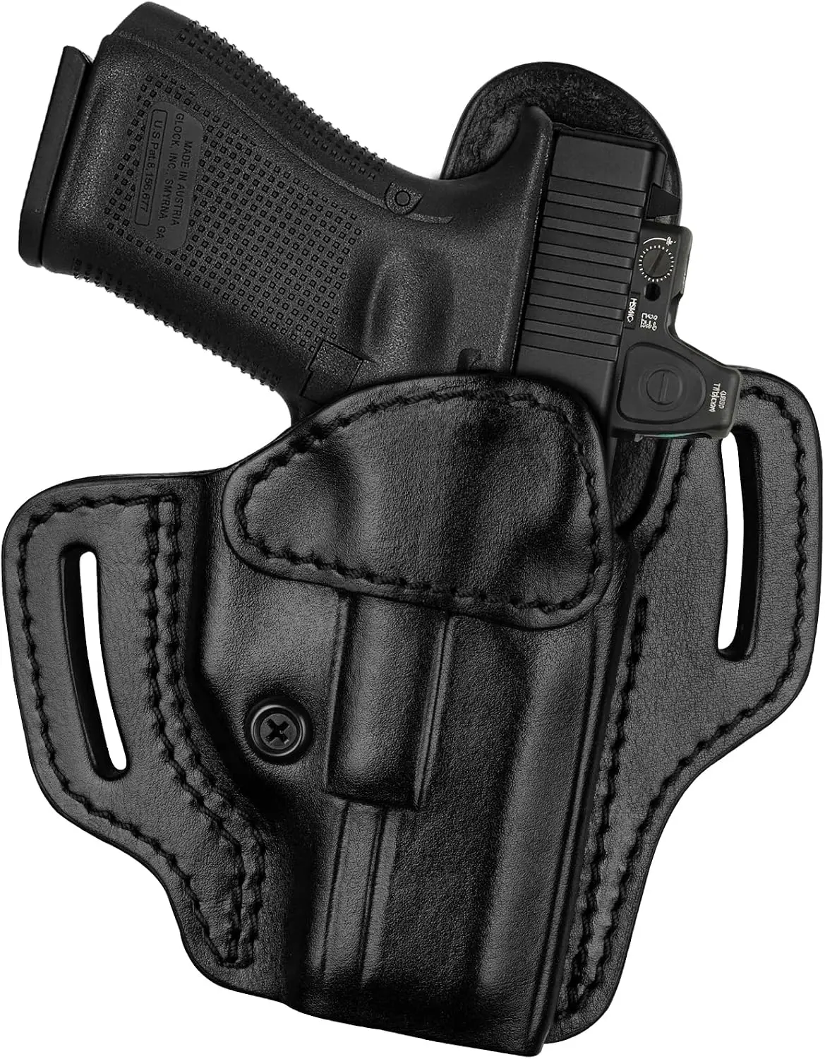 OWB Pancake Leather Holster for Glock 19/17 Gen 3– Gen 6 MOS & S&W M&P9 M2.0 Compact 4" & 4.25", H&K VP9, CZ P-10 C, Springfield Echelon 4.0C, Walther PDP 4", Optics Ready, Adjustable Retention, Black