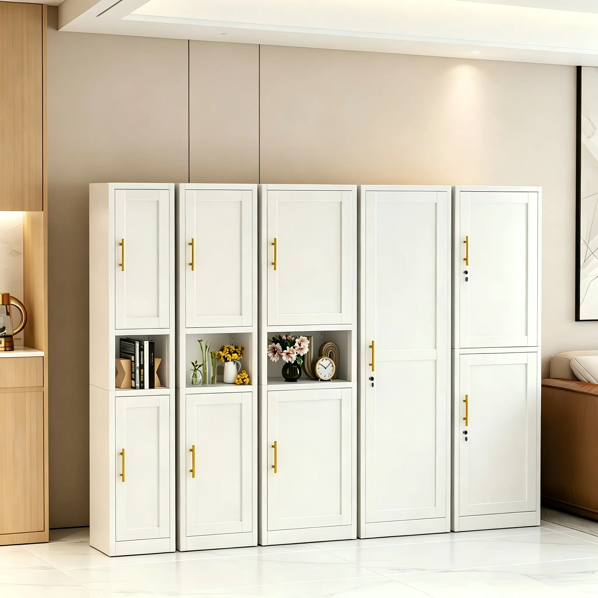 2-Door 67"Tall  Freestanding Metal Storage Cabinet with Shelves & Open Countertop, Small Space Steel Organizer for Bathroom, Kitchen & Living Room