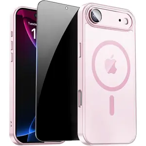 for iPhone  Air Case with Privacy Screen Protector and Camera Protection Compatible with MagSafe Magnetic Translucent Matte Shockproof Phone Cover for iPhone 17 Air Women/Girls, Pink Cellphone Protective Smartphone Casing