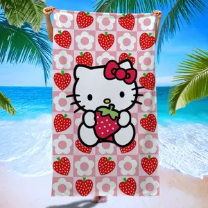 Hello Kitty Girl Heart Beach Towel, Plaid Strawberry Print Bath Towel, Soft Skin-Friendly Towel for Home, Outdoor, Pool Party, Yoga, Beach Vacation