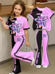 Girls' Casual Set, K-Pop Girl Group Q-Version Loose Tee & Bell-Bottom Pants, Back-To-School, Concerts, Daily Wear, Summer