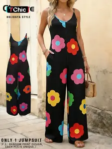 Women's Casual Large Colorful Floral Print Halter Street Fashion Jumpsuit, Side Slit Pockets, Thin Soft Fabric, Sexy Loose-Fitting One-Piece