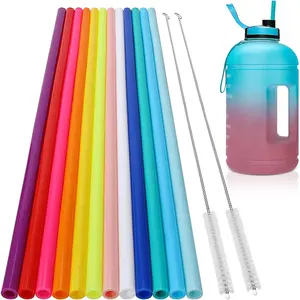 12 Pack Extra Long 14.5 inch Reusable Silicone Straws for Stanley 40 oz Tumbler 1 Gallon 128 75 64 OZ Tumbler, Large Water Bottle -Wine Bottle - Flexible Drinking Straws with 2 Cleaning Brushes Plastic Utensils