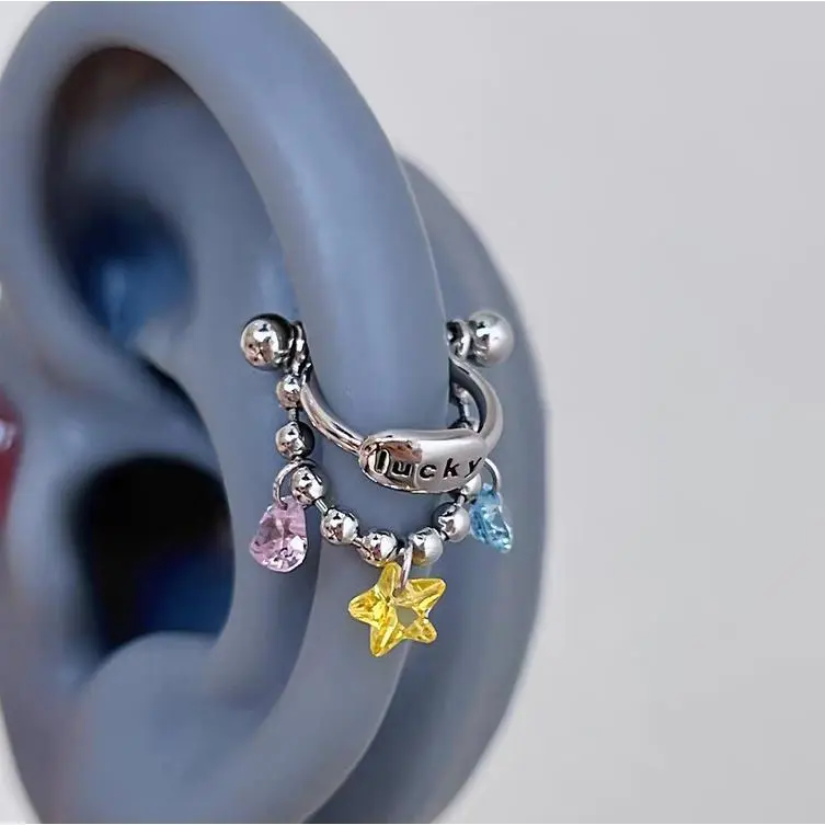 Sparkle Star & Heart Cartilage Earrings with Double-Layer Chain, Hypoallergenic Stainless Steel Studs, Stackable Jewelry for Women, Casual, Earring Stacks, Unisex, Daily Wear, Double-Layered, Stackable Chain, Bling Effect, Beaded Rhinestone Earrings