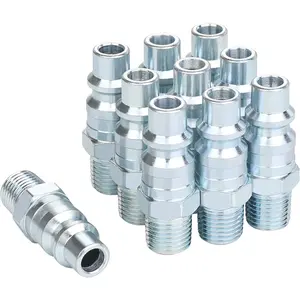 3/8 High Flow Air Hose Fittings, Industrial M-Type Plug, 3/8 Inch High Flow Size, 1/4 Inch Male Threads Size, Steel Material, 300PSI, 10 count Air Compressor Accessories