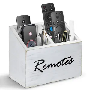 Remote Control Holder, Wood TV Remote Holder for Table, 2 Compartments Remote Control Storage Organizer, Media Caddy Organizer for Living Room Bedroom Office Nightstand(white) wooden box