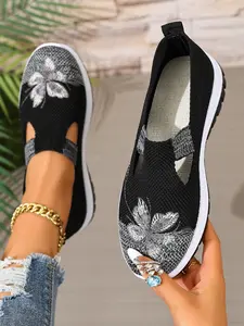 Women's Breathable Mesh Floral Embroidery Slip-On Shoes, Walking Shoes, Soft Sole Thick Bottom Anti-Slip Comfortable Casual Footwear, One-Step on Design