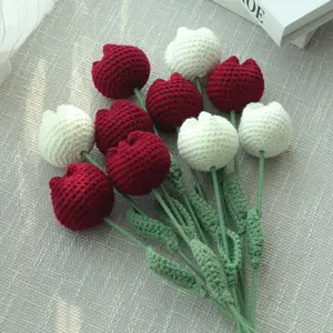 Crochet Tulip Flower, 3/6/10pcs Handmade Crochet Tulip Flower, Decorative Flower for Home Living Room Bedroom Dining Room Wedding Party, Artificial Flowers Bouquet, Fake Tulips, Home Decoration Bouquet, Fruit