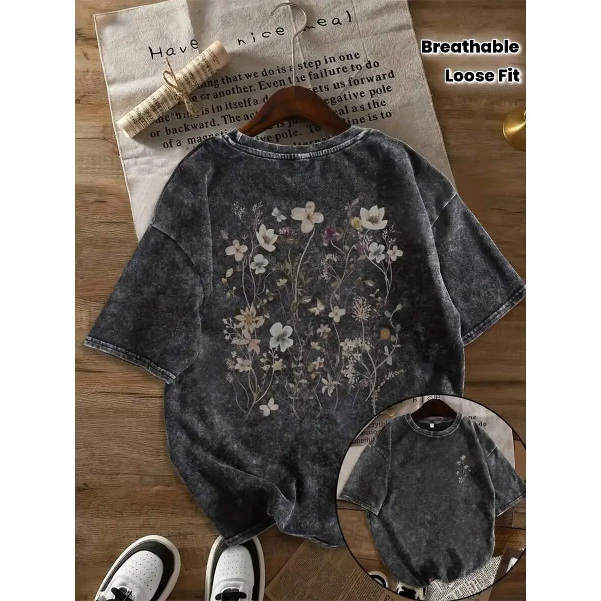 Summer Tops2026Women'S 230g Heavyweight Washed T-Shirt - Vintage Floral & Print Oversized Round Neck Short Sleeve, Y2K Retro Loose Fit Casual Everyday Top, Soft Breathable All-Season Layering Essential