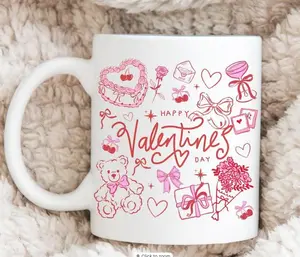 Coquette Happy Valentine’s Day Mug, Cute Valentines Doodle Coffee Mug, Bows Valentine Gift, Romantic Coffee Cup, Preppy Galentines Day Mug