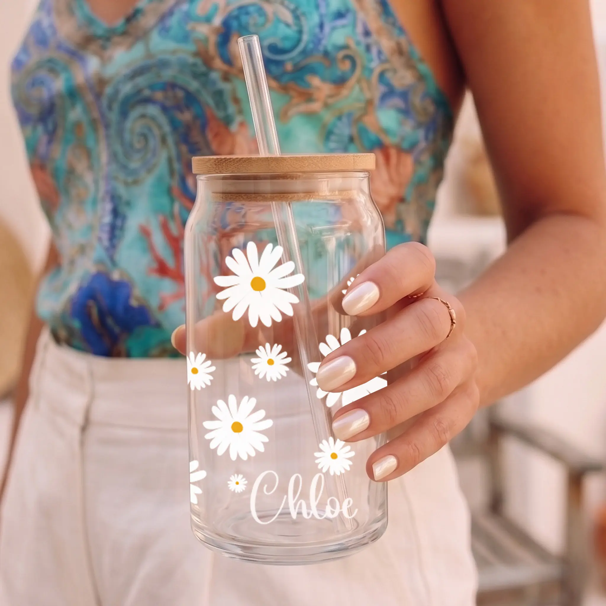 Personalized Name Daisy Pattern 16oz Clear or Frosted Glass Cup with Bamboo Lid and Straw