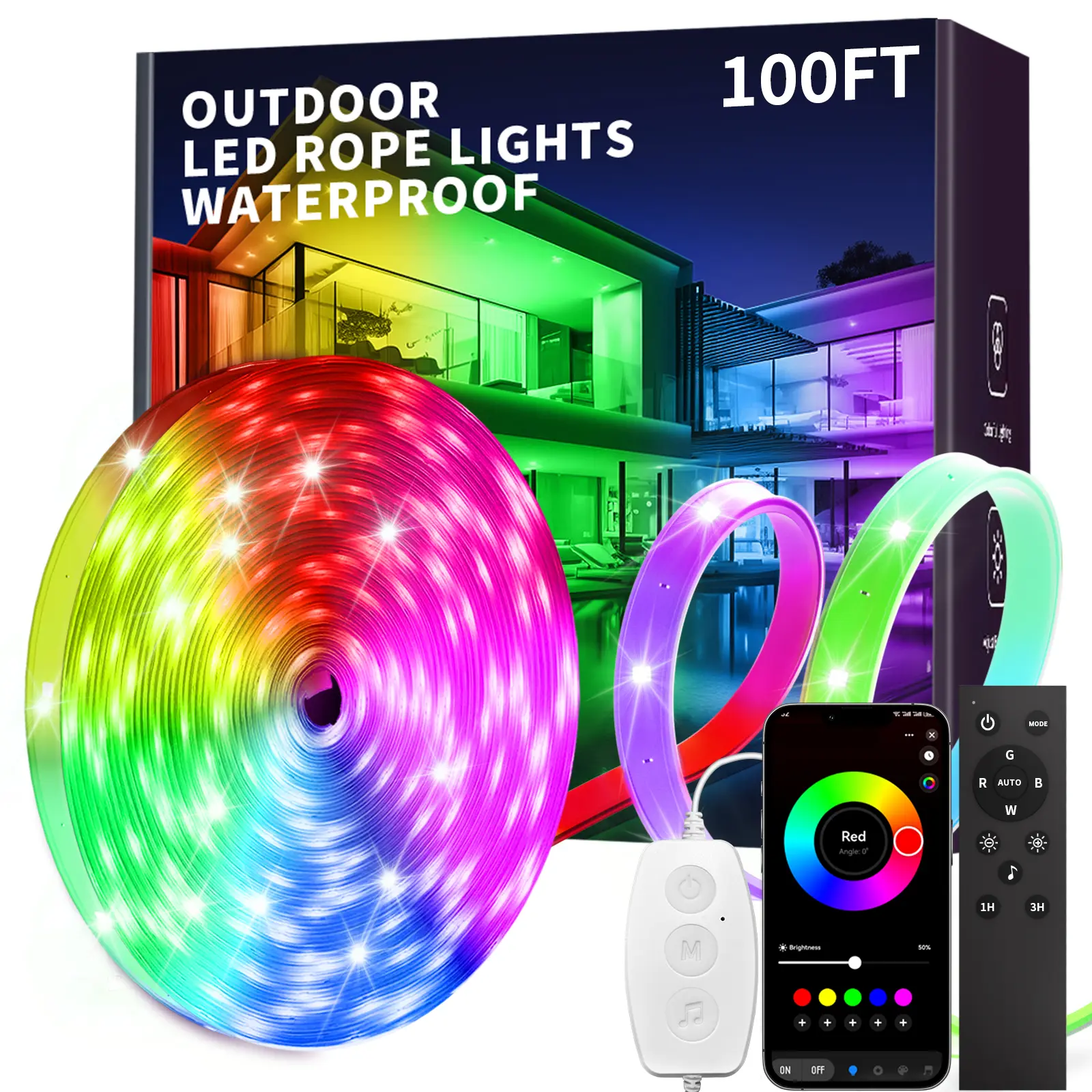 IP67 OUTDOOR WaterProof and  Indoor RGB LED Strip Lights Music Sync Led Lights with App Control and Remote, Color Changing Led Rope Lights for Summervibes,Balcony,Roof,Garden,Stairs Party