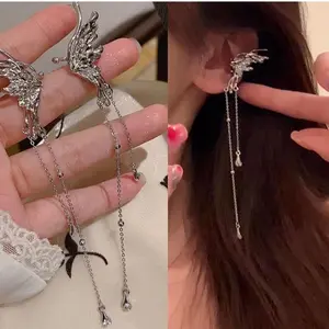 Butterfly Tassel Ear Clip Earrrings Long Chain Zircon Dangle Ear Cuff Earrings Boho Butterfly Sterling Silver Clip On Earrings Non Pierced Elf Ear Jewelry for Women