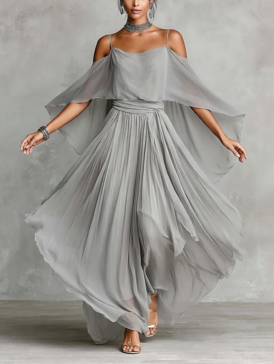 Women's Elegant 2 Piece Chiffon Pant Suit Set - Cold Shoulder Draped Top & Flowy Wide Leg Palazzo Pants Wedding Guest Outfit