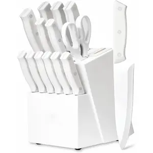 Knife Set, 15 Piece Kitchen Knife Set with Block Self Sharpening, Stainless Steel Dishwasher Safe, Anti-slip Handle, White