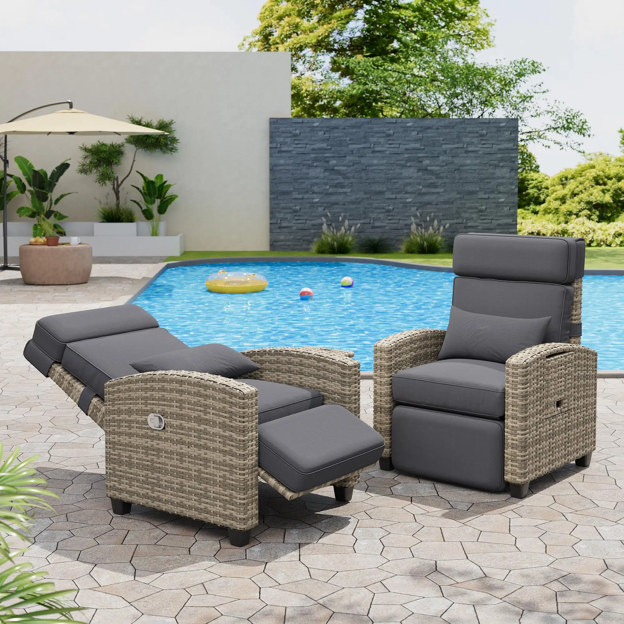 1-Piece Outdoor Wicker Recliner Chair - Patio Outdoor Conversation Furniture with Adjustable Backrest, Adjustable Footrest, 150° Recline, Flip-Up Table for Lounge Use, Patio Outdoor Chairs