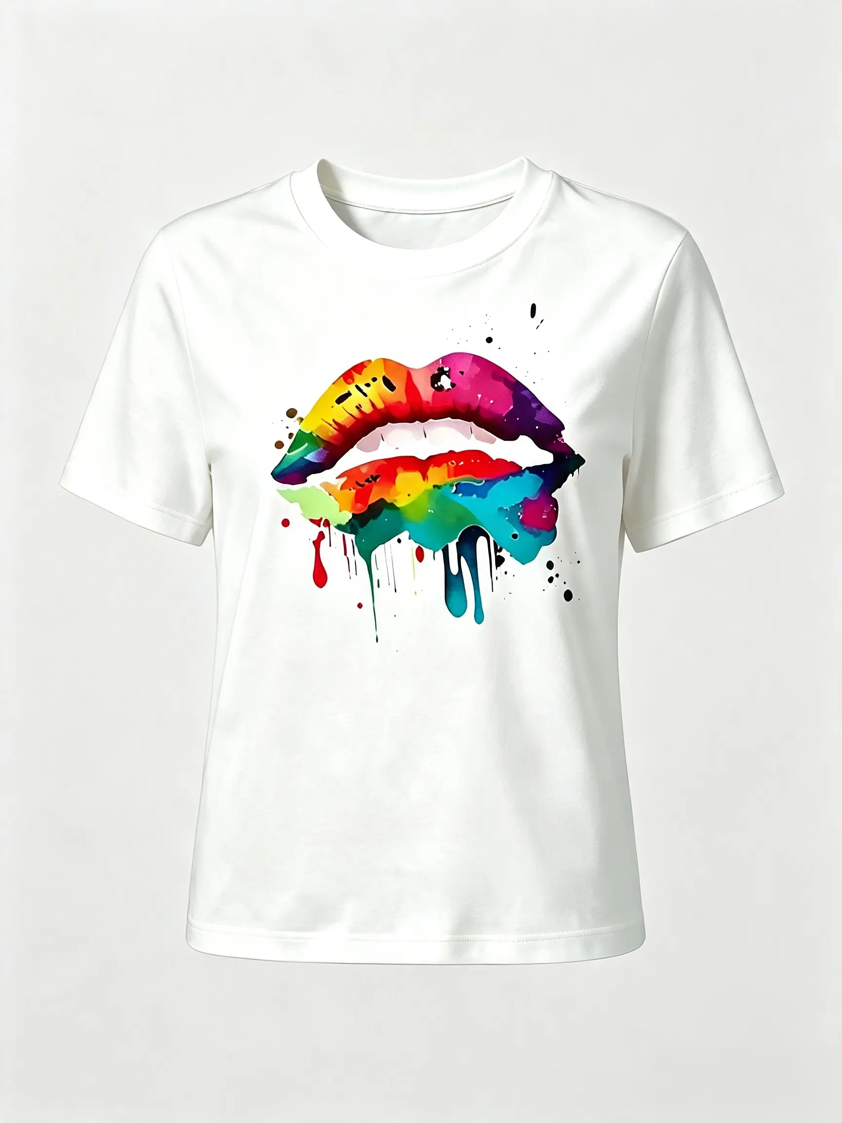 Women's Cotton Fabric Comfortable Round Neck Short-Sleeve T-Shirt - Watercolor Rainbow Lips Graphic, Colorful Drip Art Print, Casual Streetwear Top for Everyday & Party Outfits