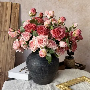 French Style Artificial Single Branch 3-Head Burnt Edge Rose Vintage Home Living Room Decoration Fake Dried Flower Bouquet High-End Feel