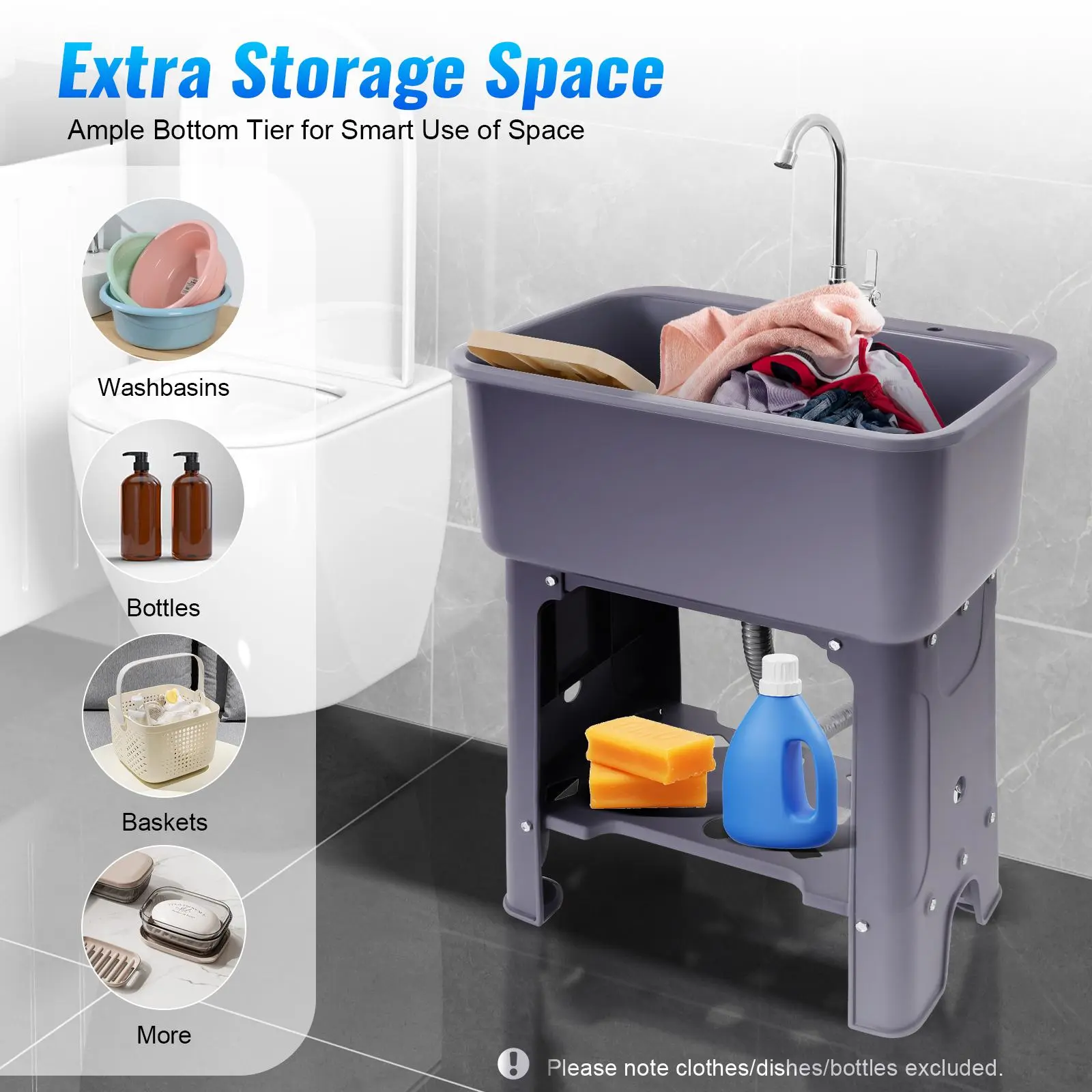 Valentine Gifts Utility Sink With Faucet Freestanding Utility Sink with Storage Shelf Gray PP 360° Faucet 110Lbs Load For Laundry Room Garage Home Users