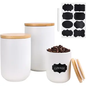 Kitchen Canisters Set with Airtight Bamboo Lid, Ceramic Canister Set of 3, Sugar Flour Coffee Containers for Countertop, Food Storage Container Jars Set for Sugar Tea Flour Sugar Beans, White