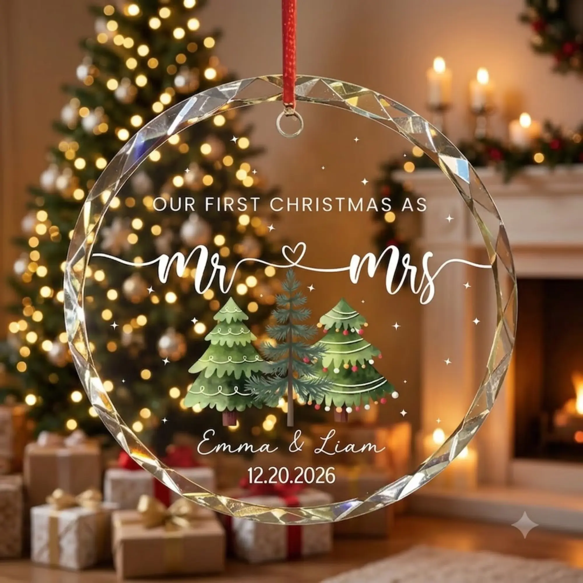 Our First Christmas as Mr and Mrs Ornament, Personalized Bride and Groom Christmas Gift, Names Date and Tree Decoration, Round Glass Ornament